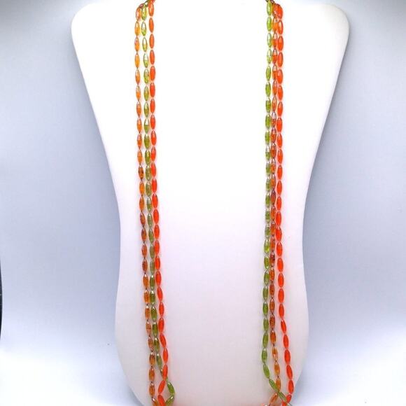 Vintage Long Three Strand Necklace, Light Green Orange Topaz Lucite, 1950s, 54" - Picture 5 of 7